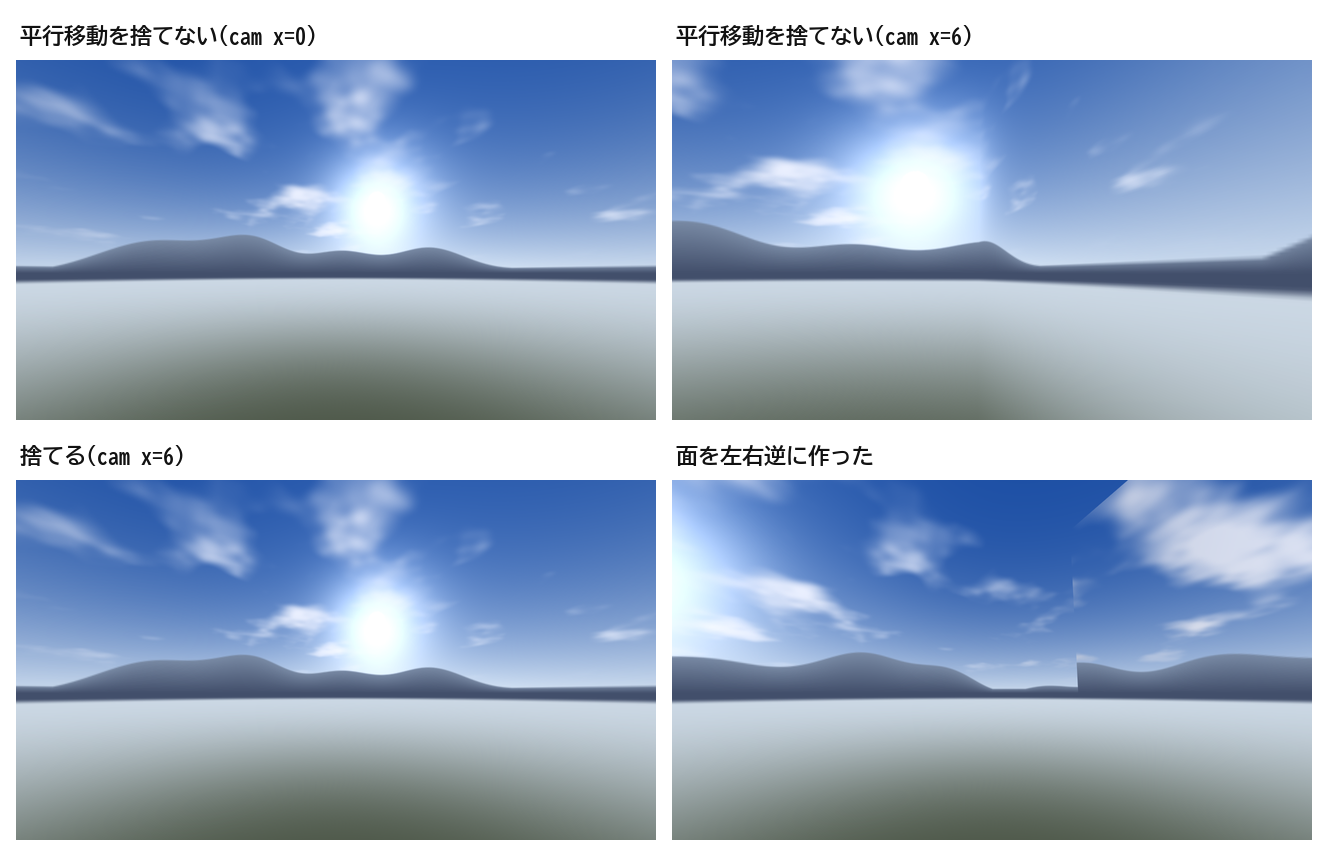 平行移動を捨てない失敗と、面を左右逆に作った失敗の比較
